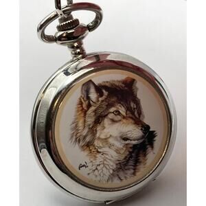 Westminster Quartz Wolf Pocket Watch Full Hunter - New Battery - Chain and Clip